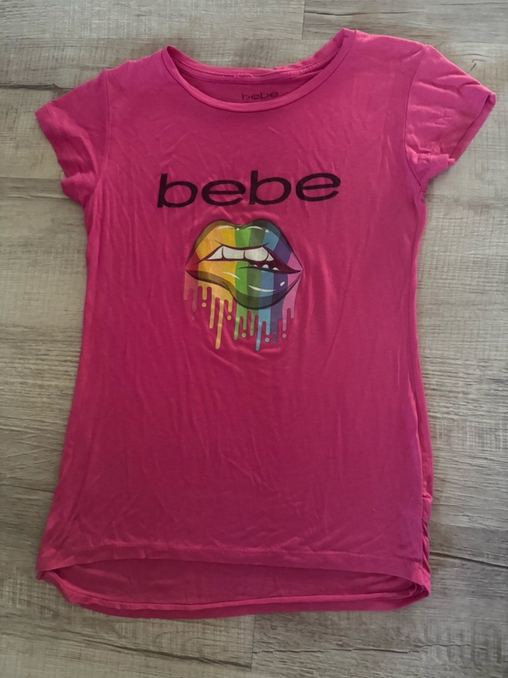 bebe Hot Pink Tee with Rainbow Drip Lip Graphic